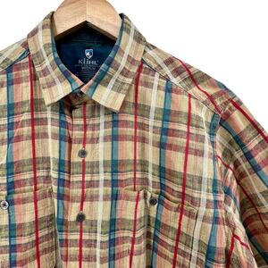 KUHL Mens Medium Plaid Linen Cotton Short Sleeve Button Down Shirt Tan Red 17S